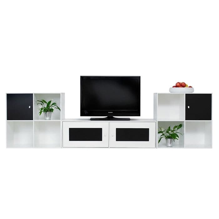 Square Reolen TV-møbel i hvid med stof fronter og låger i sort