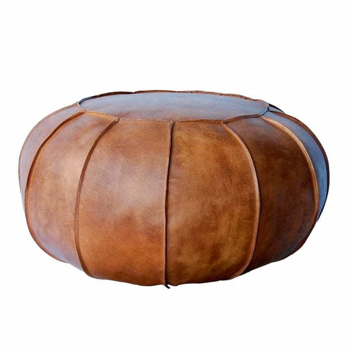 Rund læderpuf i lys brun Ø 60 cm
