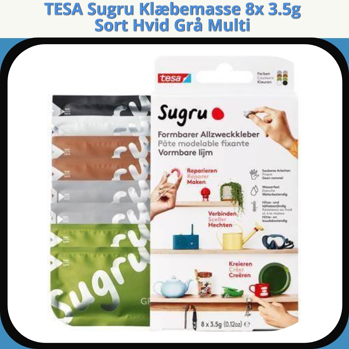 Anmeldelse af TESA Sugru Klæbemasse 8x 3.5g Sort Hvid Grå Multi